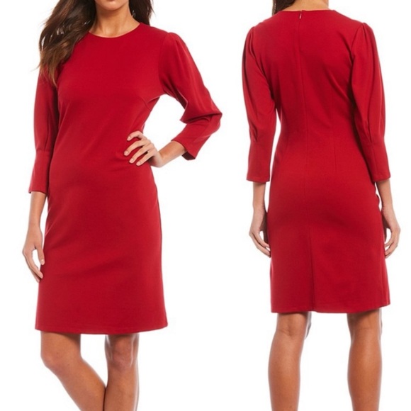 J. MCLAUGHLIN EZRA HOLIDAY RED 3/4 TULIP SLEEVE SHEATH COCKTAIL DRESS - Picture 1 of 12